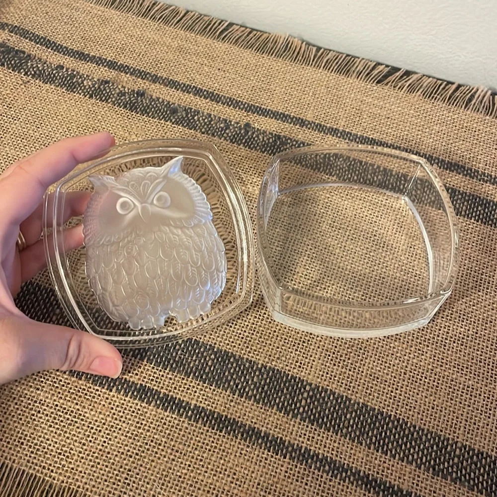 Vintage Mid Century Crystal Etched “Owl” Trinket Dish With Lid
